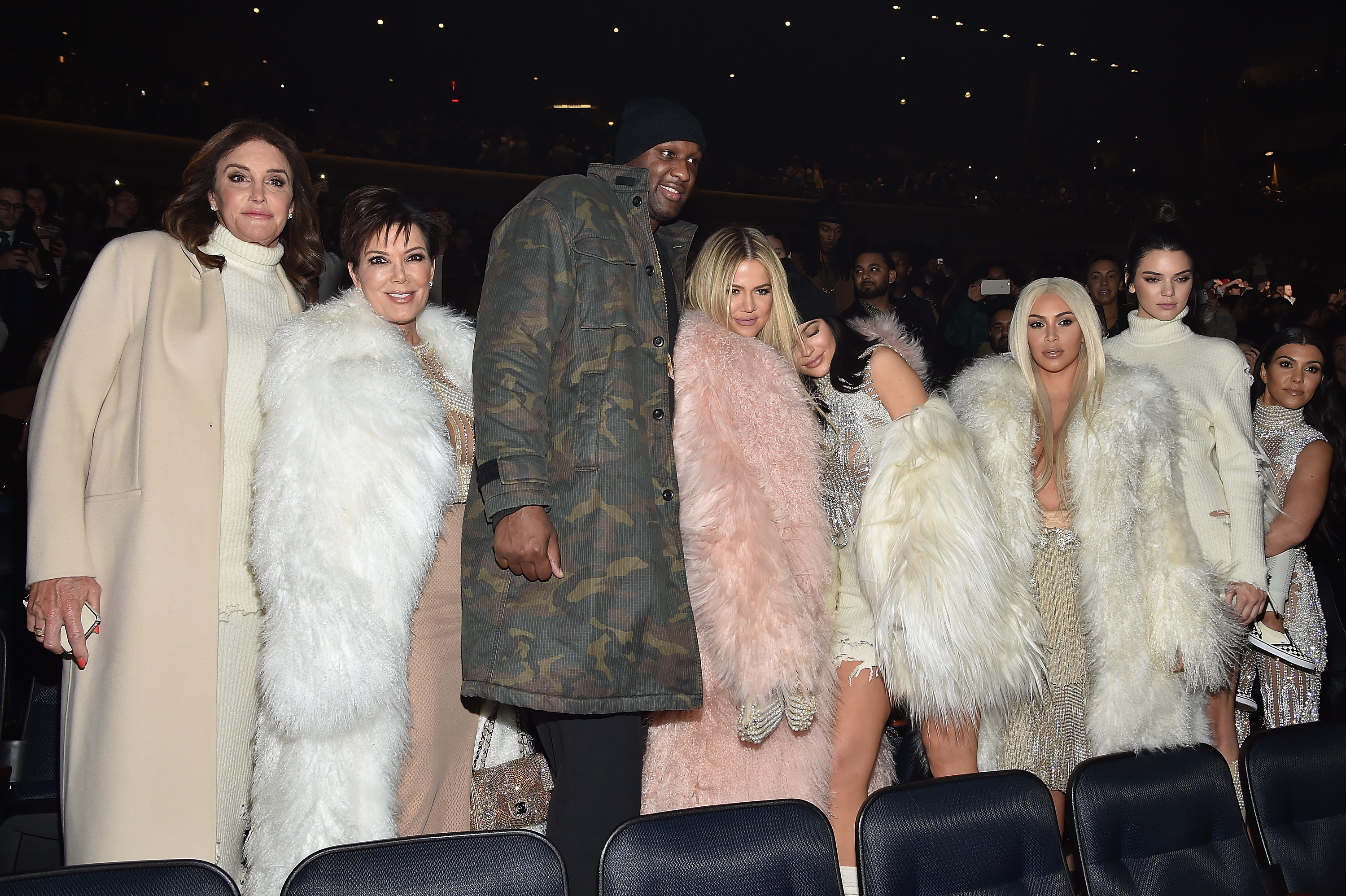 NEW YORK, NY - FEBRUARY 11: (L-R) Caitlyn Jenner, Kris Jenner, Lamar Odom, Khloe Kardashian, Kylie Jenner, Kim Kardashian, Kendall Jenner and Kourtney Kardashian attend Kanye West Yeezy Season 3 on February 11, 2016 in New York City. (Photo by Dimitrios Kambouris/Getty Images for Yeezy Season 3)