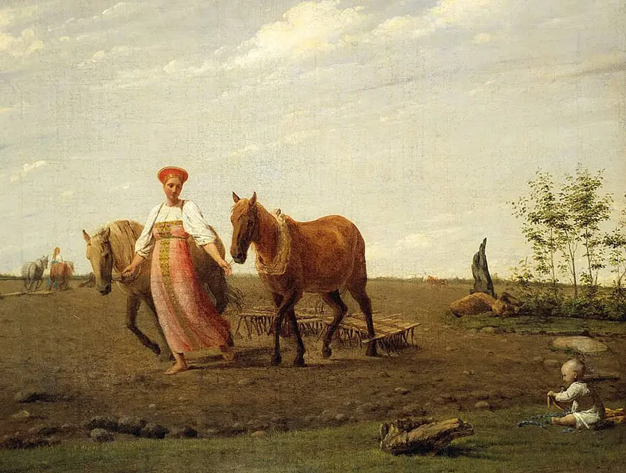 На пашне. Весна, Алексей Венецианов, 1820 г. (Государственная Третьяковская галерея)
