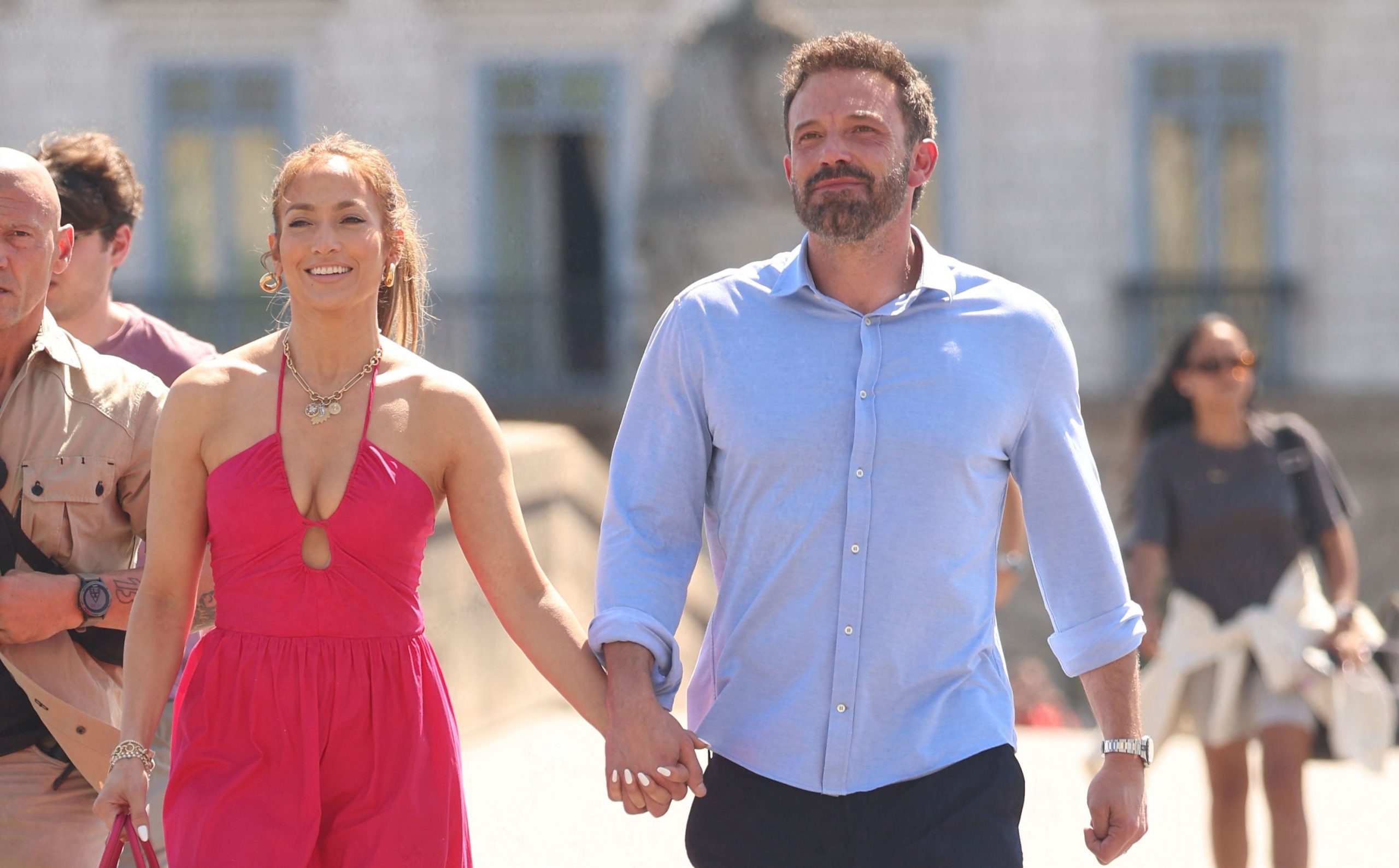 With the man of her dreams: Jennifer Lopez in her romantic pink dress