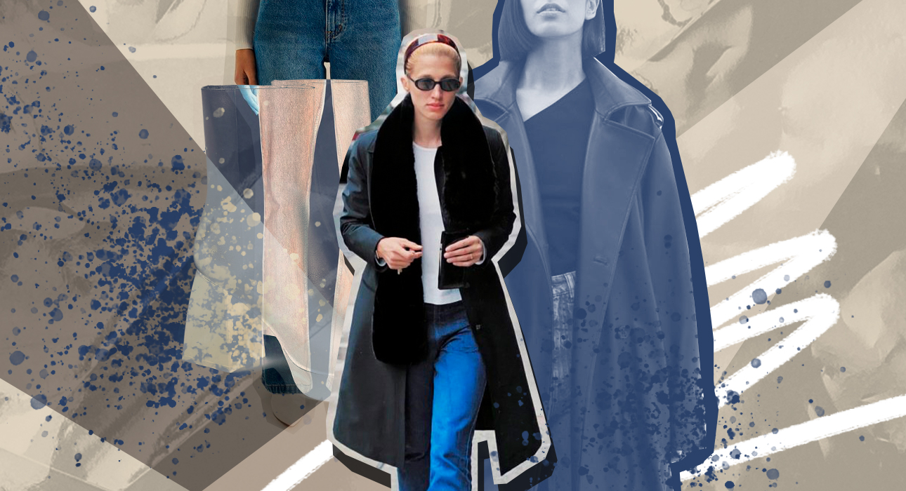 A black trench coat, white tee, and blue jeans are the perfect ’90s Carolyn Bisset-Kennedy look that’s worth repeating this fall.